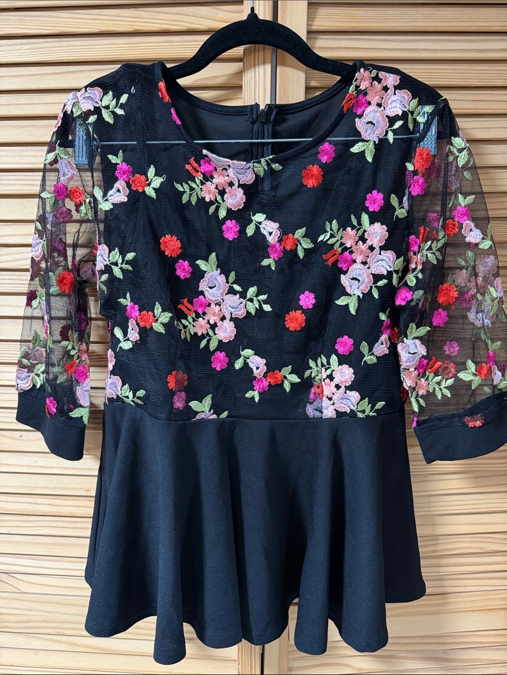 Floral Embroidered Black Peplum Top